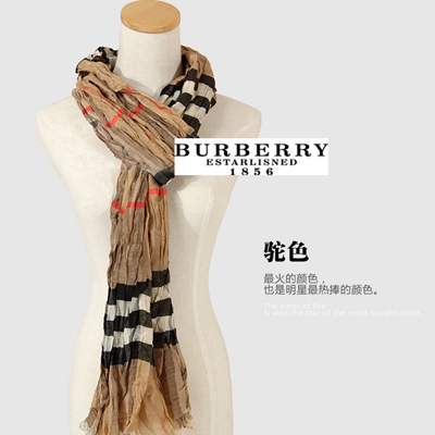 Burberry 巴寶莉流行皺皺英倫格子圍巾 羊絨加絲超長 潮人新寵 駝色