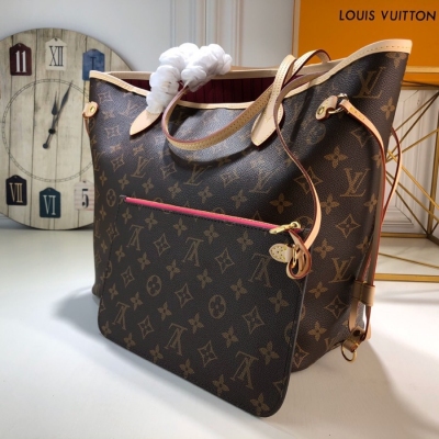 LV LOUIS VUITTON路易威登 最高版本 頂級原單 經典款NEVERFULL 中號老花購物袋玫紅色裡 M40995，注意看五金、邊油各個細節！32*29*17cm