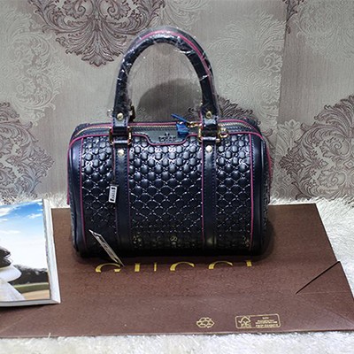 Gucci雙G壓花玫紅邊手提單肩女包 古馳真皮波士頓圓筒包 269876-4玫紅邊