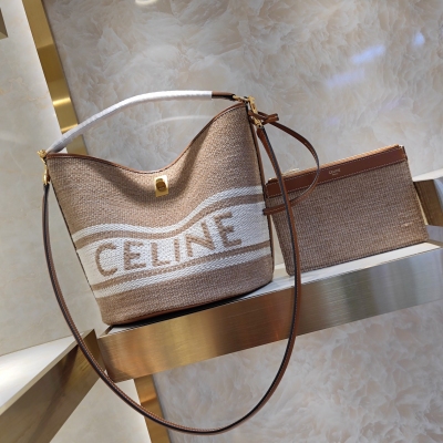 Celine BUCKET 16 羊毛紡織面料配牛皮革手袋 旋轉鎖扣開合 可拆卸拉鍊口袋 可拆卸皮革肩帶長20英寸（52釐米） 1個頂部皮革手挽長6英寸（16釐米） 尺寸:23 X 25 X 23CM 編號:195572