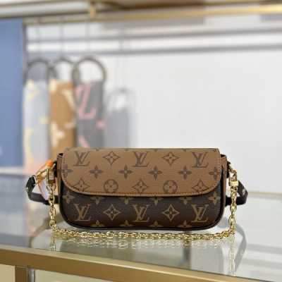 LV路易威登 特級MB163c晶片版原廠皮 WALLET ON CHAIN IVY 手袋 型號：M26587黃花 材料：A級全鋼五金，進口原廠面料 包裝：全套原廠免稅MB包裝 尺寸：23.5x12x4.3cm