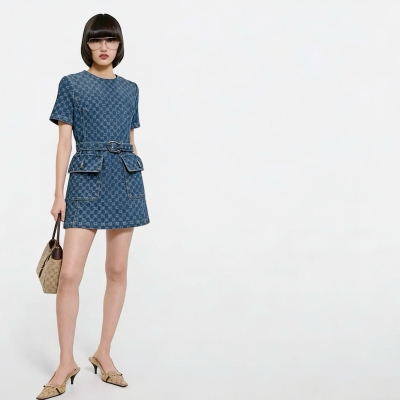 Gucci古馳 2026早春限定高級單品 Altitude系列GG平紋翻領腰帶短袖牛仔連衣裙出貨推出首個早春運動服系列Altitude，將出眾性能與典藏元素巧妙融合。這款連衣裙采翻領設計，選用GG錦綸提花面料精緻而成，防水、防風、透氣 現貨